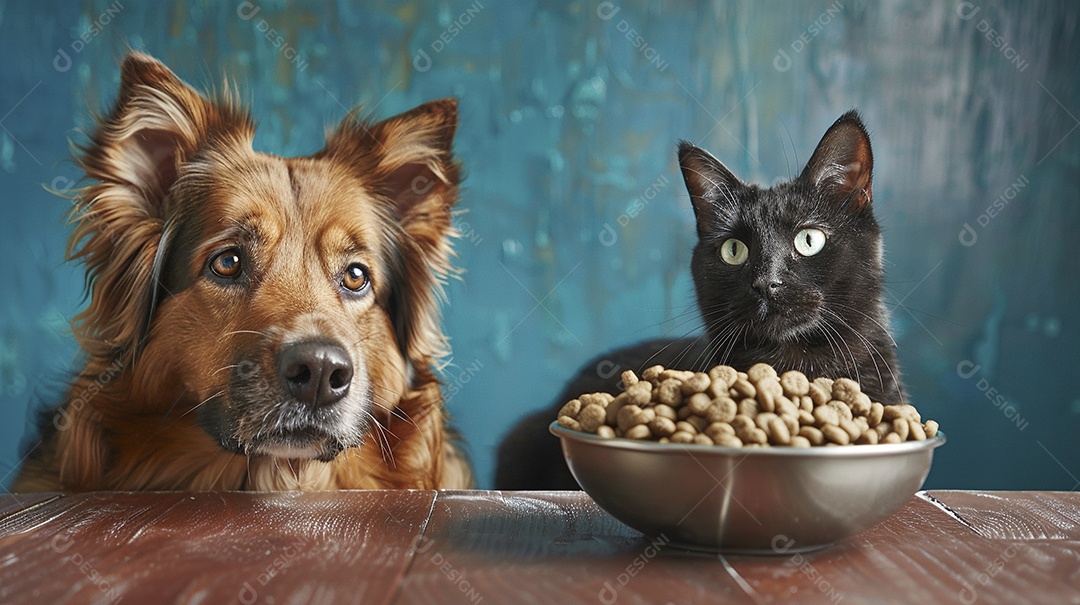 Linda cena cachorro e um gato sentados lado a lado ansiosos por tigela cheia de ração