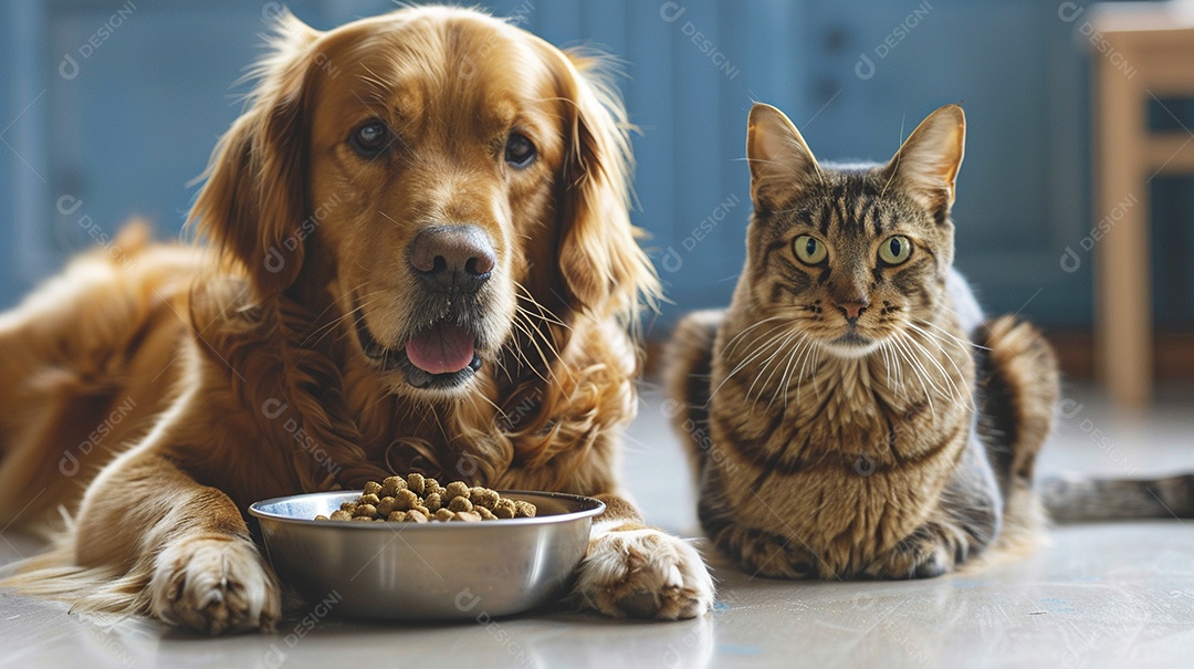 Cão e gato em propaganda de ração em fundo azul