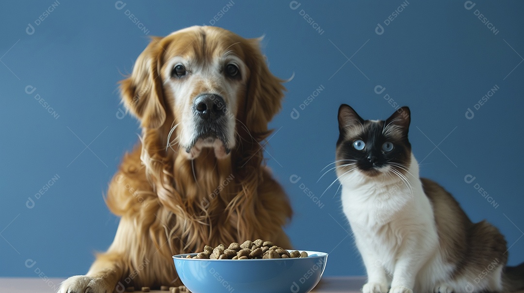 Cão e gato em propaganda de ração em fundo azul