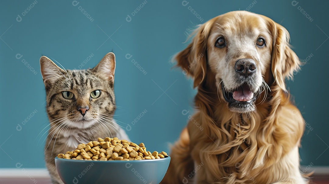 Cão e gato em propaganda de ração em fundo azul