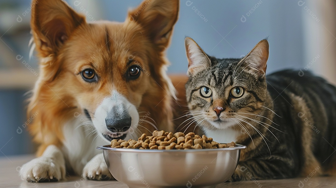 Linda cena cachorro e um gato sentados lado a lado ansiosos por tigela cheia de ração