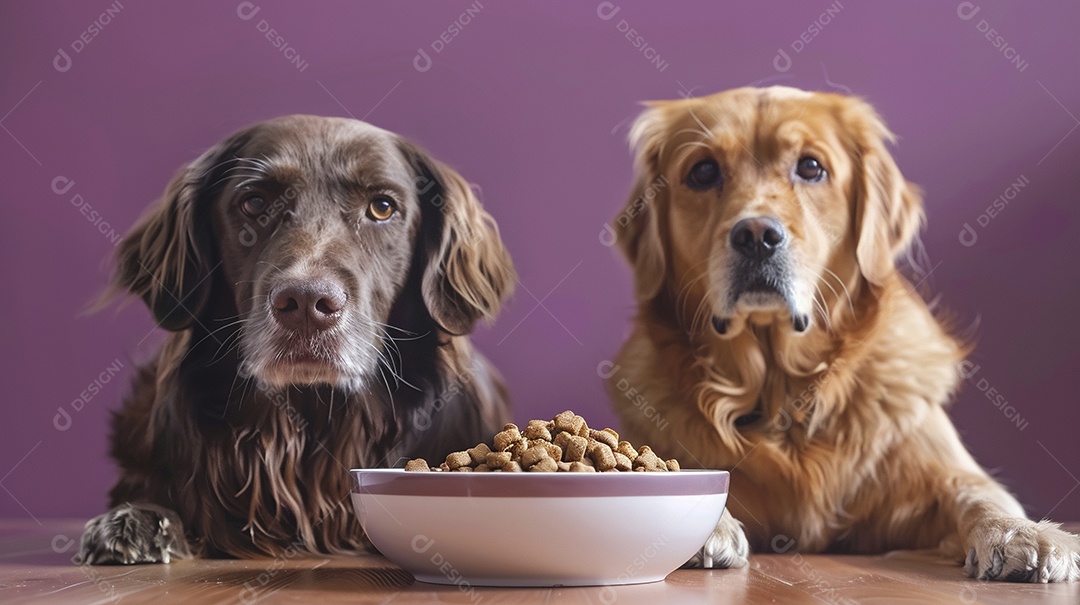 Linda cena dois cachorro sentados lado a lado ansiosos por tigela cheia de ração