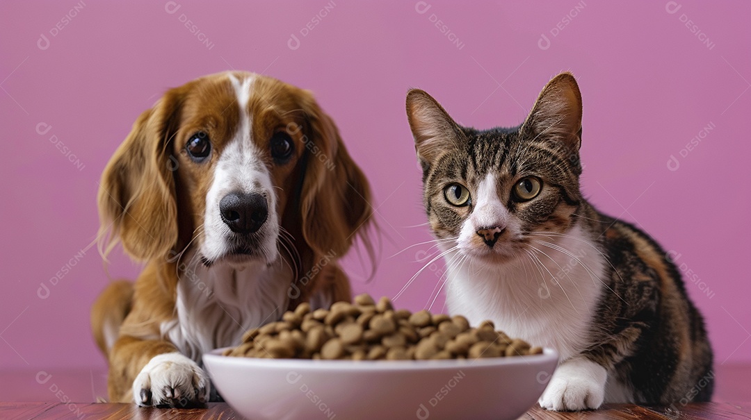 Linda cena cachorro e um gato sentados lado a lado ansiosos por tigela cheia de ração