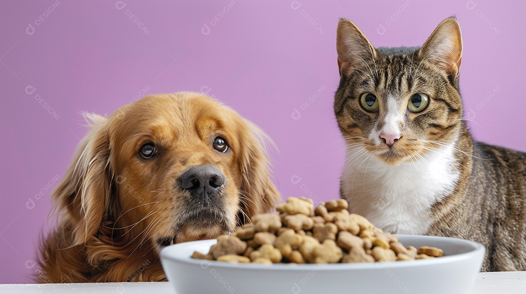 Linda cena cachorro e um gato sentados lado a lado ansiosos por tigela cheia de ração