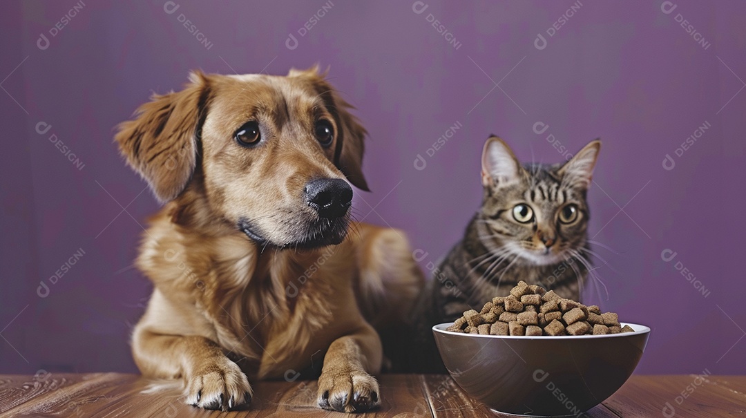 Linda cena cachorro e um gato sentados lado a lado ansiosos por tigela cheia de ração