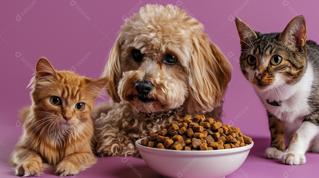 Linda cena cachorro e um gato sentados lado a lado ansiosos por tigela cheia de ração