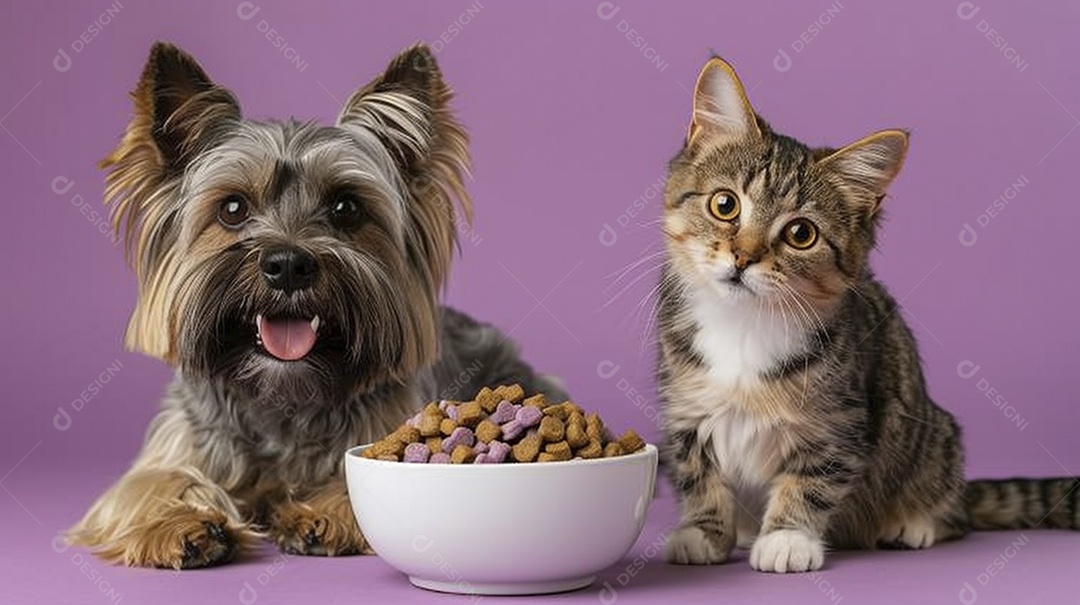 Linda cena cachorro e um gato sentados lado a lado ansiosos por tigela cheia de ração