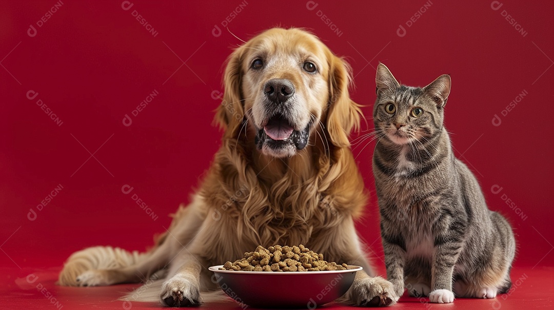 Linda cena cachorro e um gato sentados lado a lado ansiosos por tigela cheia de ração