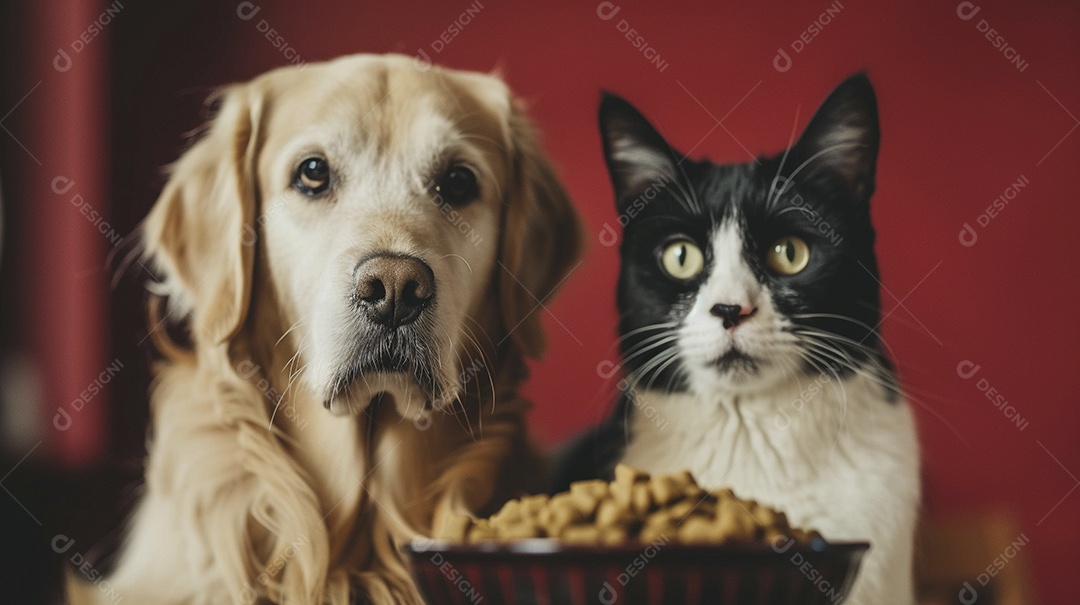 Linda cena cachorro e um gato sentados lado a lado ansiosos por tigela cheia de ração