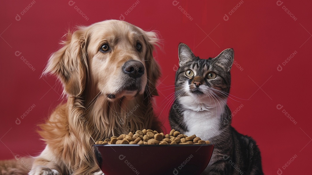 Linda cena cachorro e um gato sentados lado a lado ansiosos por tigela cheia de ração