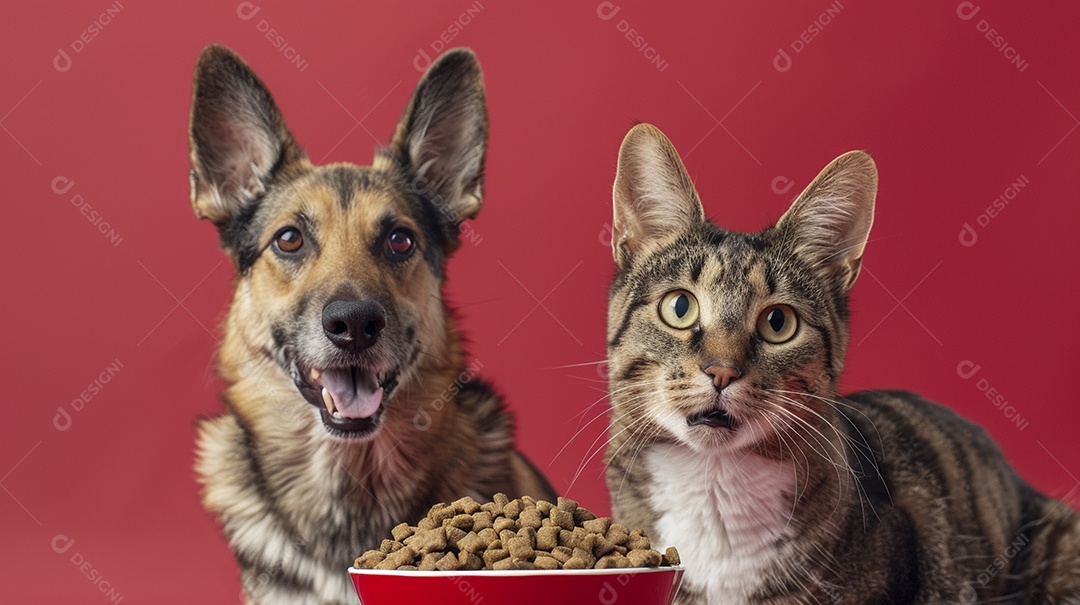 Linda cena cachorro e um gato sentados lado a lado ansiosos por tigela cheia de ração