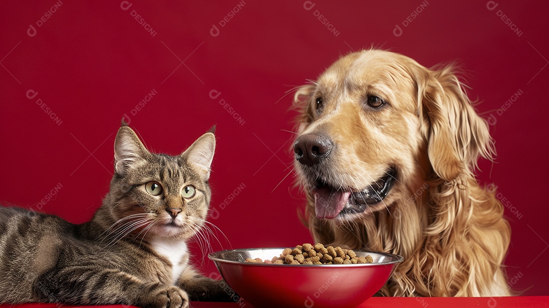 Linda cena cachorro e um gato sentados lado a lado ansiosos por tigela cheia de ração
