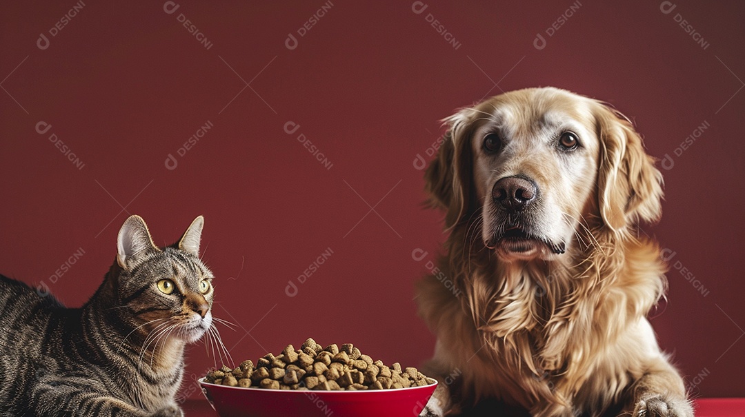 Linda cena cachorro e um gato sentados lado a lado ansiosos por tigela cheia de ração