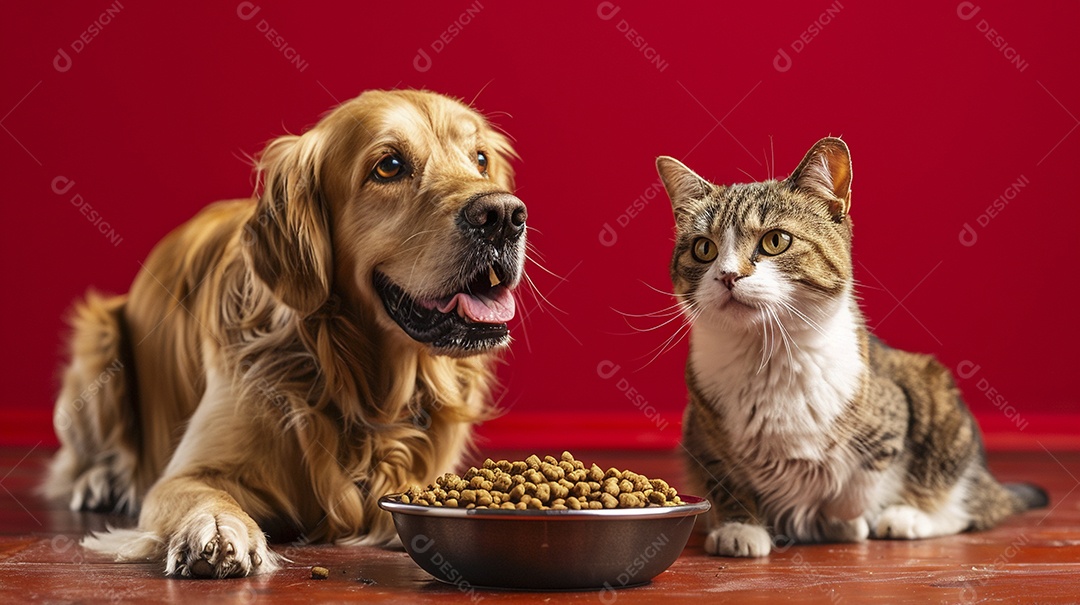 Linda cena cachorro e um gato sentados lado a lado ansiosos por tigela cheia de ração