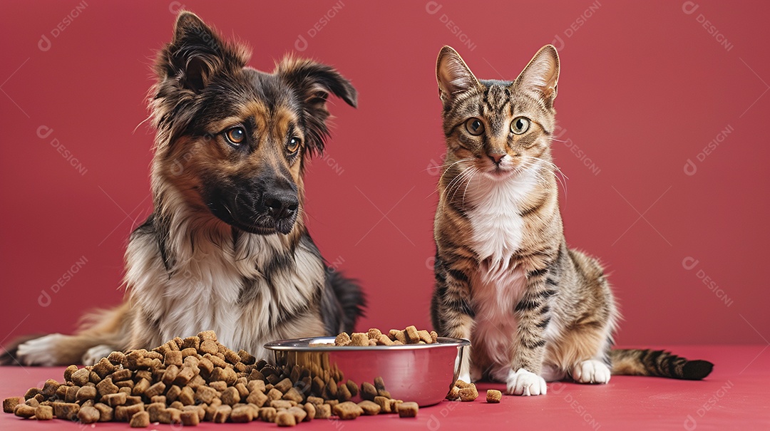 Linda cena cachorro e um gato sentados lado a lado ansiosos por tigela cheia de ração