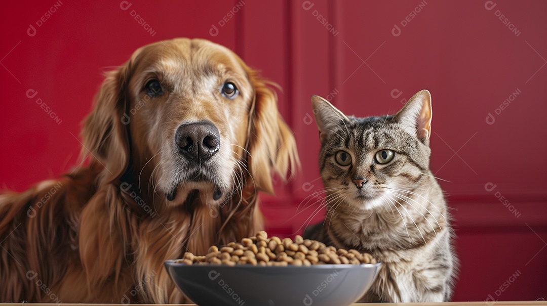 Linda cena cachorro e um gato sentados lado a lado ansiosos por tigela cheia de ração