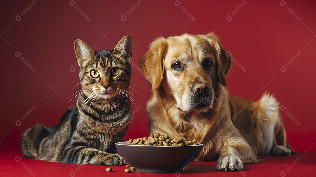 Linda cena cachorro e um gato sentados lado a lado ansiosos por tigela cheia de ração