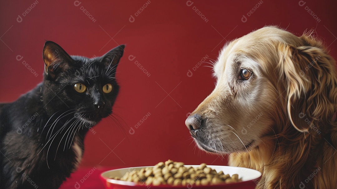 Linda cena cachorro e um gato sentados lado a lado ansiosos por tigela cheia de ração