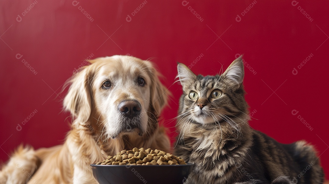 Linda cena cachorro e um gato sentados lado a lado ansiosos por tigela cheia de ração