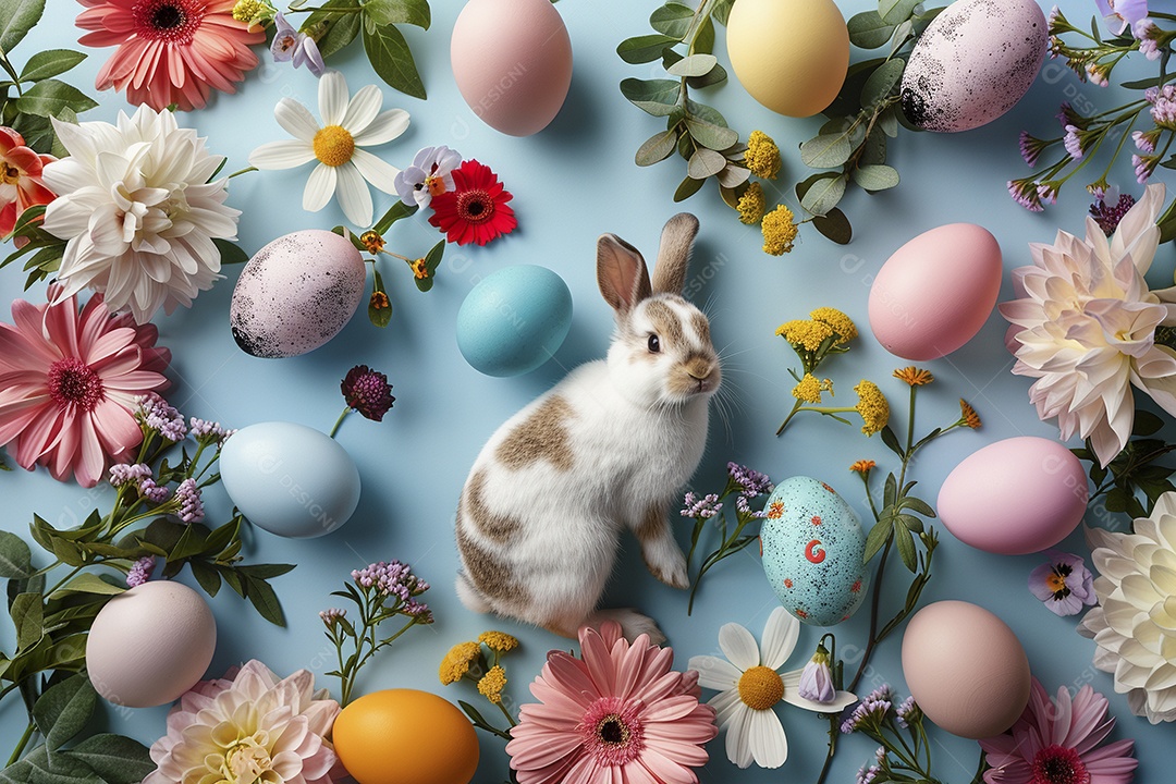 Coelho de Páscoa em fundo colorido e enfeites de flores e ovos