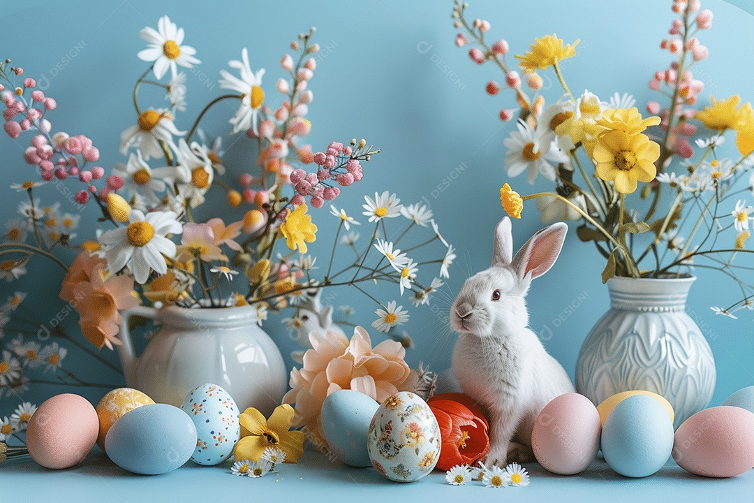 Coelho de Páscoa em fundo colorido e enfeites de flores e ovos