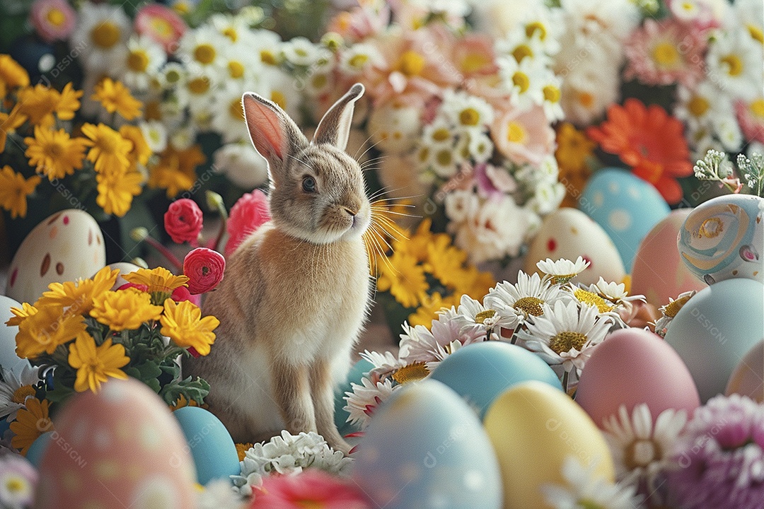 Coelho de Páscoa em fundo colorido e enfeites de flores e ovos