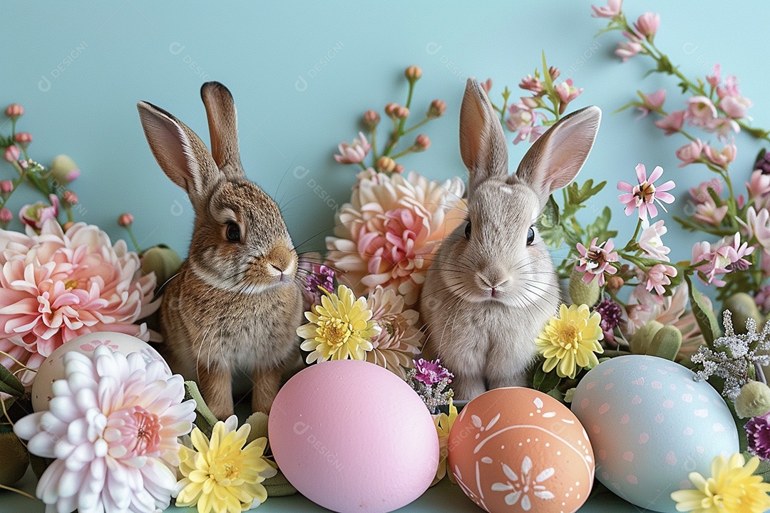 Coelho de Páscoa em fundo colorido e enfeites de flores