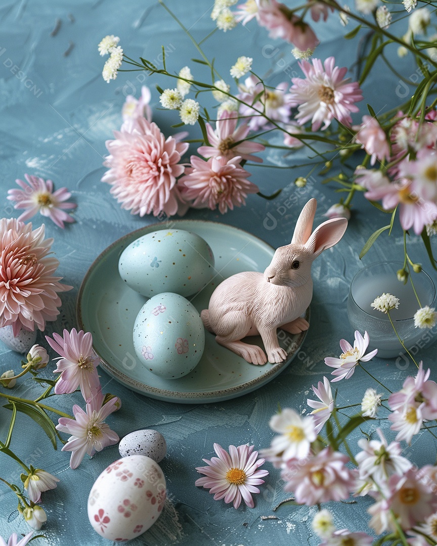 Coelho de Páscoa em fundo colorido e enfeites de flores