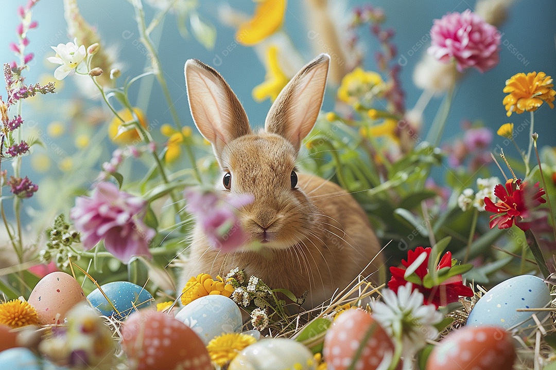 Coelho de Páscoa em fundo colorido e enfeites de flores