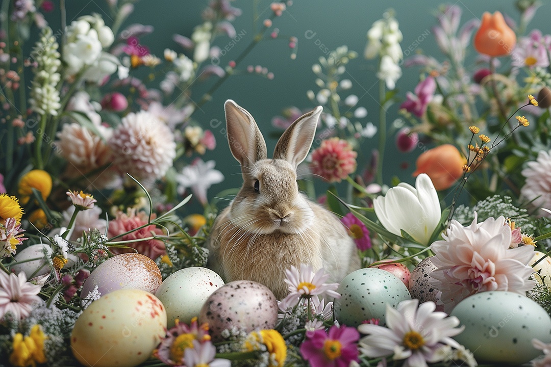 Coelho de Páscoa em fundo colorido e enfeites de flores