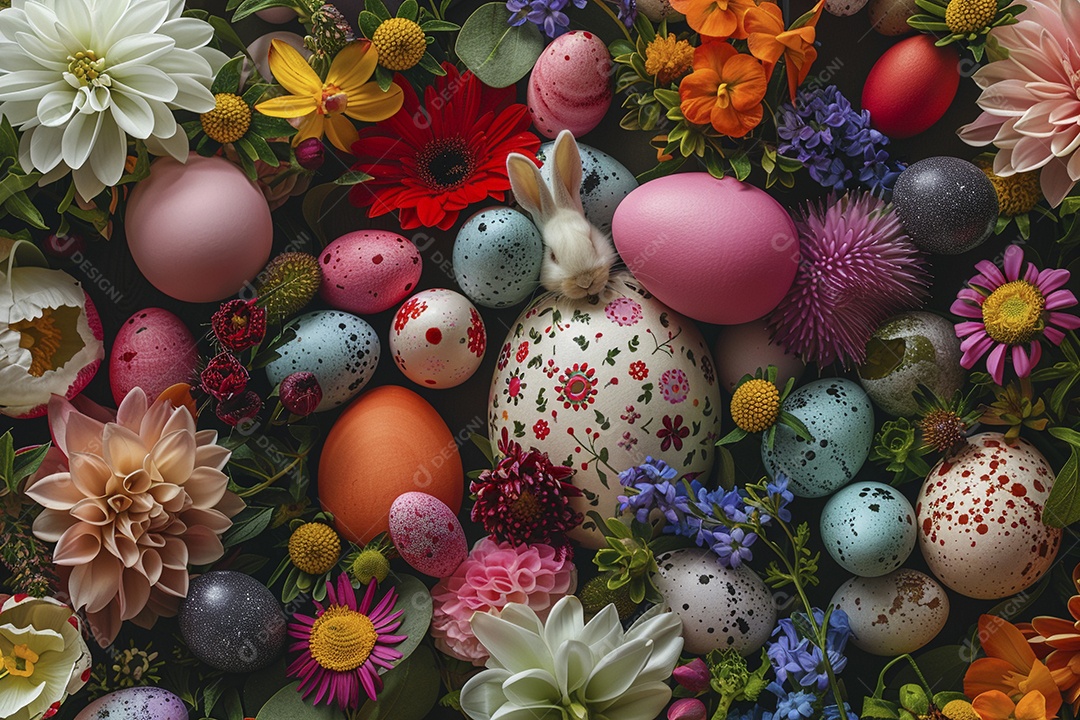 Coelho de Páscoa em fundo colorido e enfeites de flores