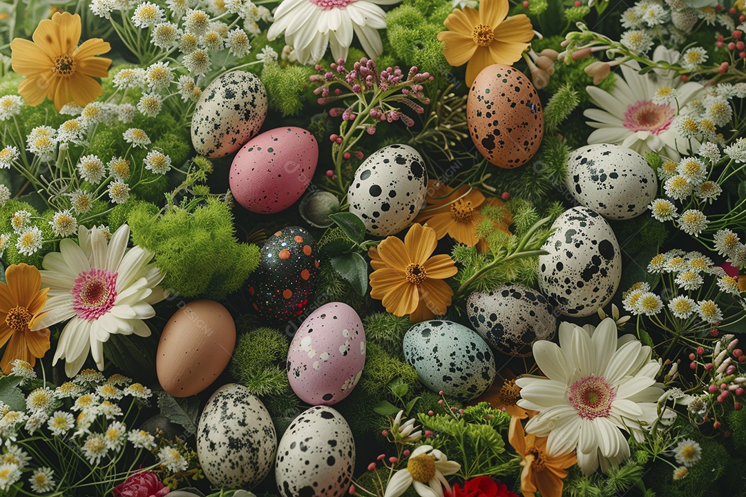 Páscoa com ovos coloridos e flores frescas de primavera