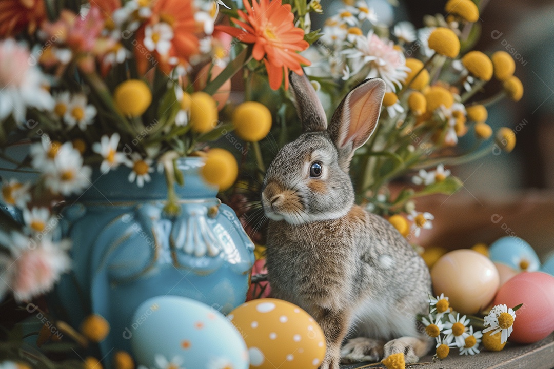 Coelho de Páscoa em fundo colorido e enfeites de flores