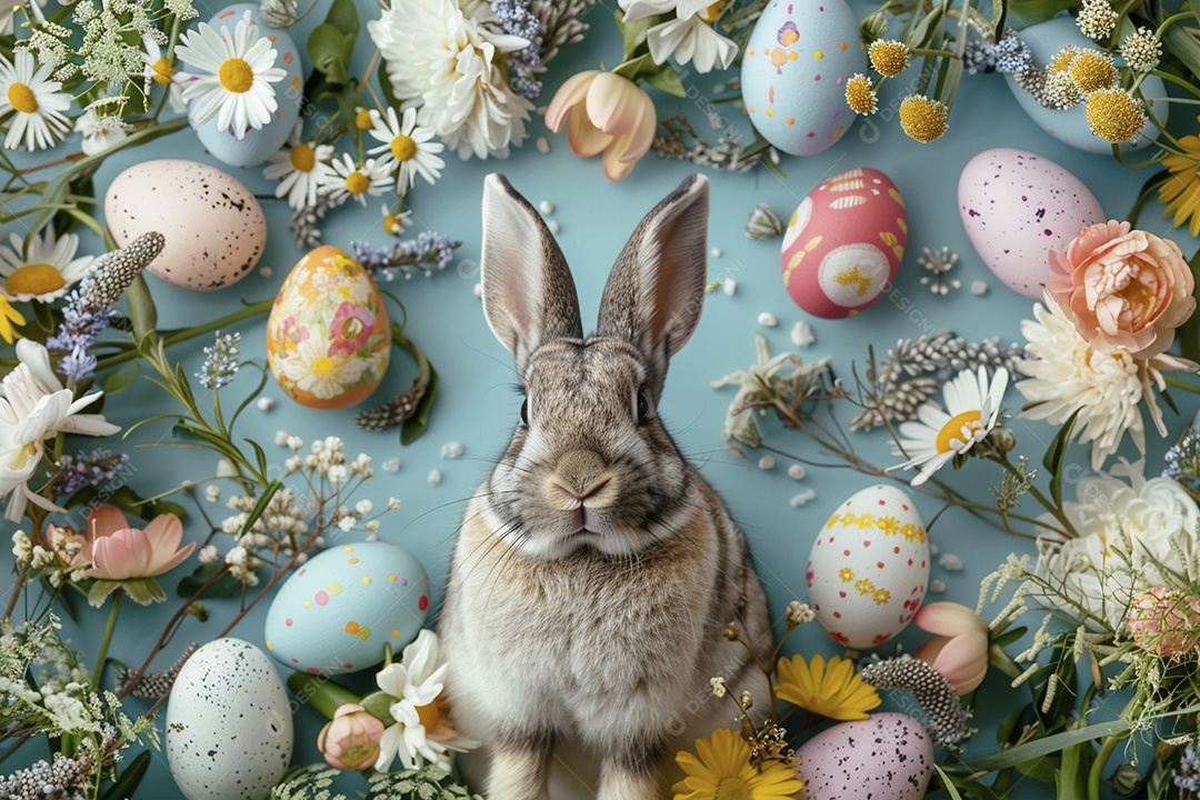 Coelho de Páscoa em fundo colorido e enfeites de flores