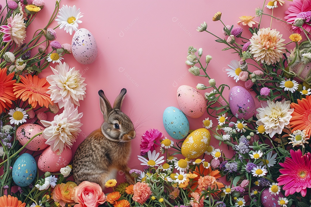 Coelho de Páscoa em fundo colorido e enfeites de flores