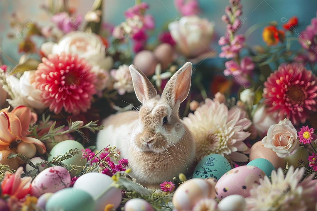 Coelho de Páscoa em fundo colorido e enfeites de flores
