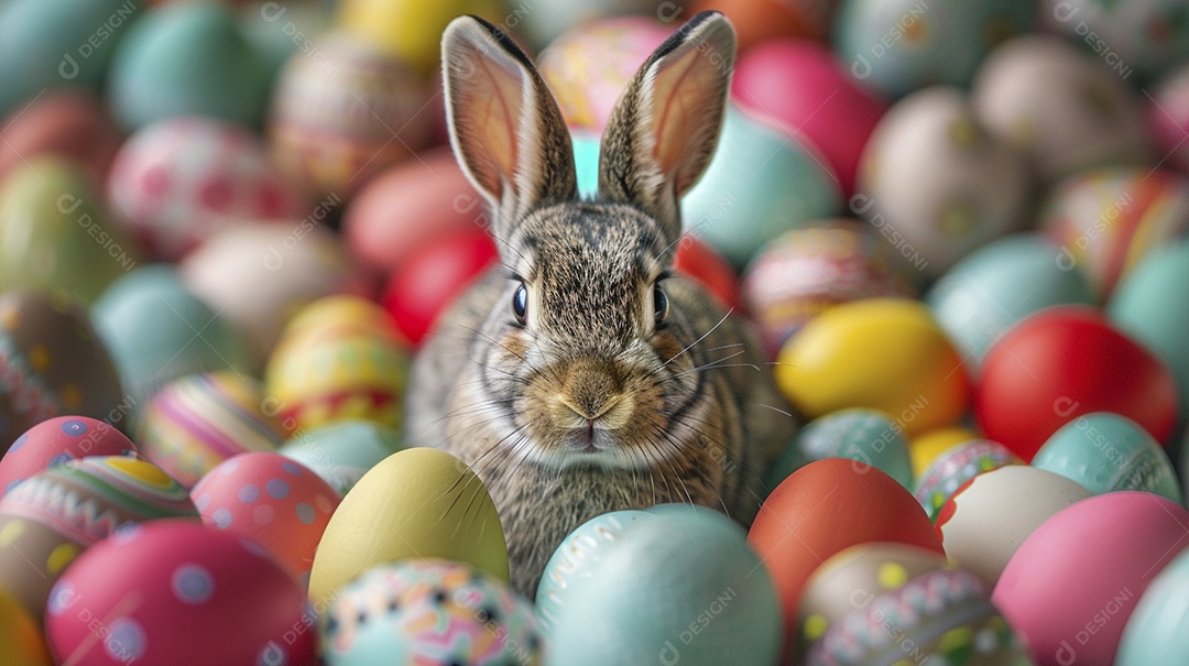 Coelho de Páscoa em meio a ovos coloridos