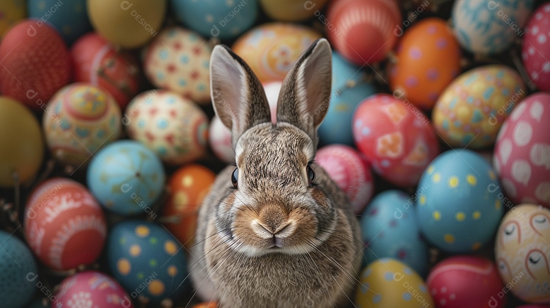 Coelho de Páscoa em meio a ovos coloridos