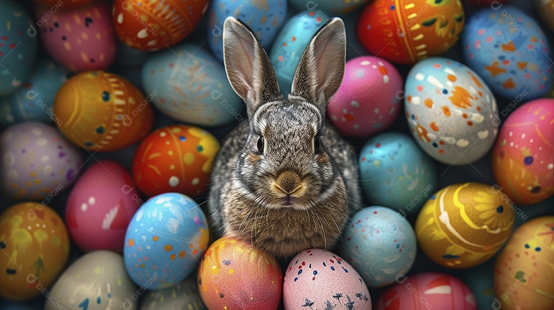 Coelho de Páscoa em meio a ovos coloridos