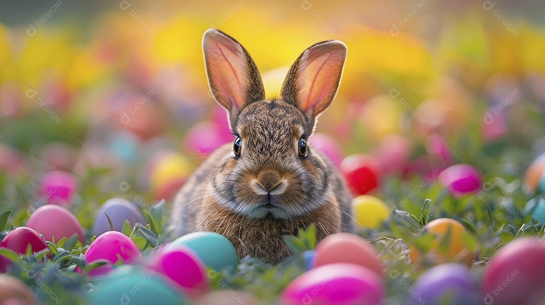 Coelho de Páscoa em meio a ovos coloridos em um lugar gramado