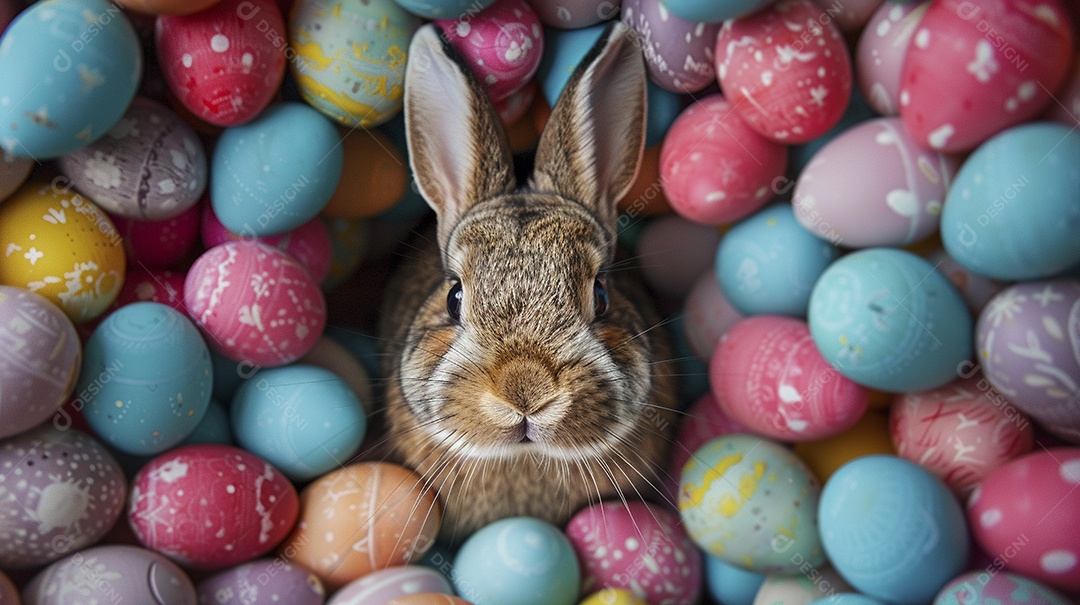 Coelho de Páscoa em meio a ovos coloridos