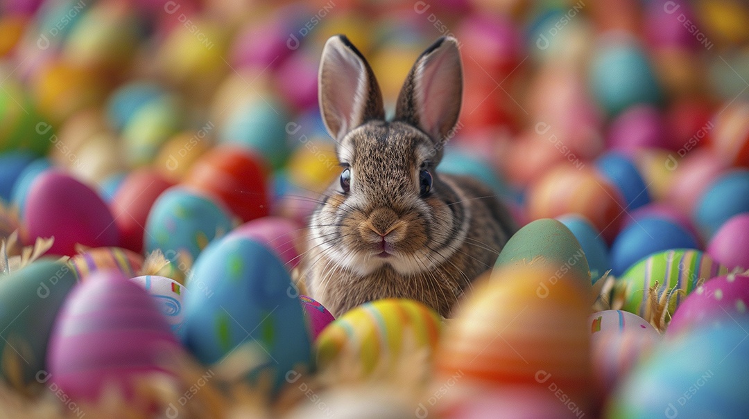 Coelho de Páscoa em meio a ovos coloridos