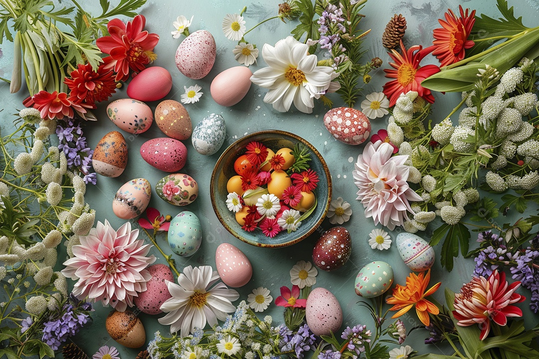 Ovos de Páscoa em fundo colorido e flores