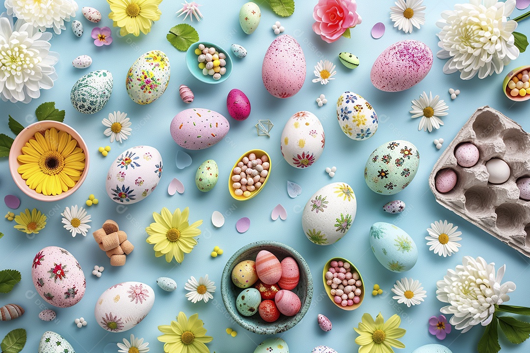 Ovos de Páscoa em fundo colorido com flores