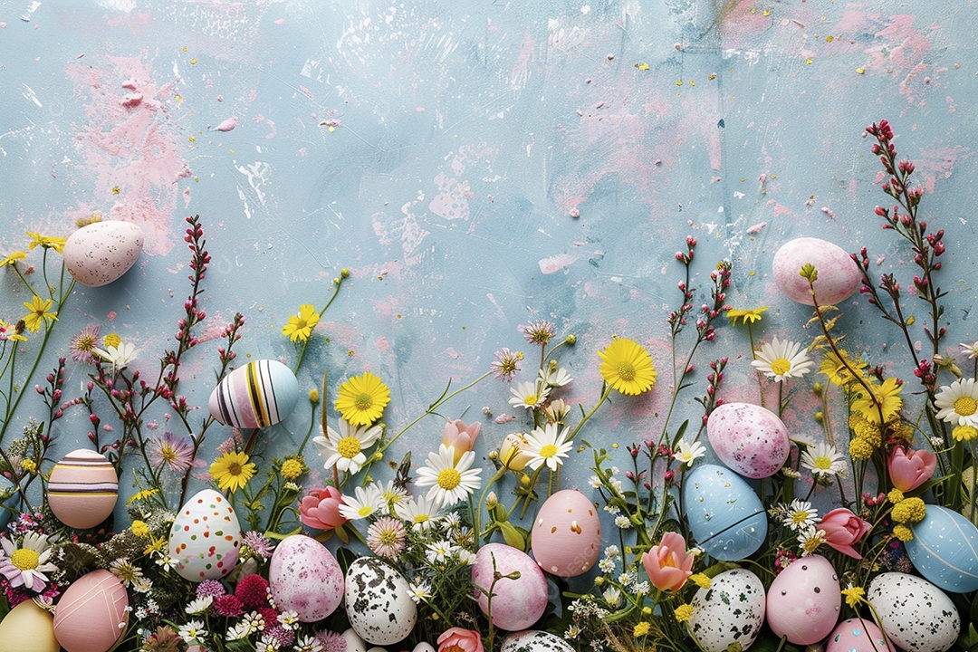 Ovos de Páscoa em fundo colorido com flores frescas