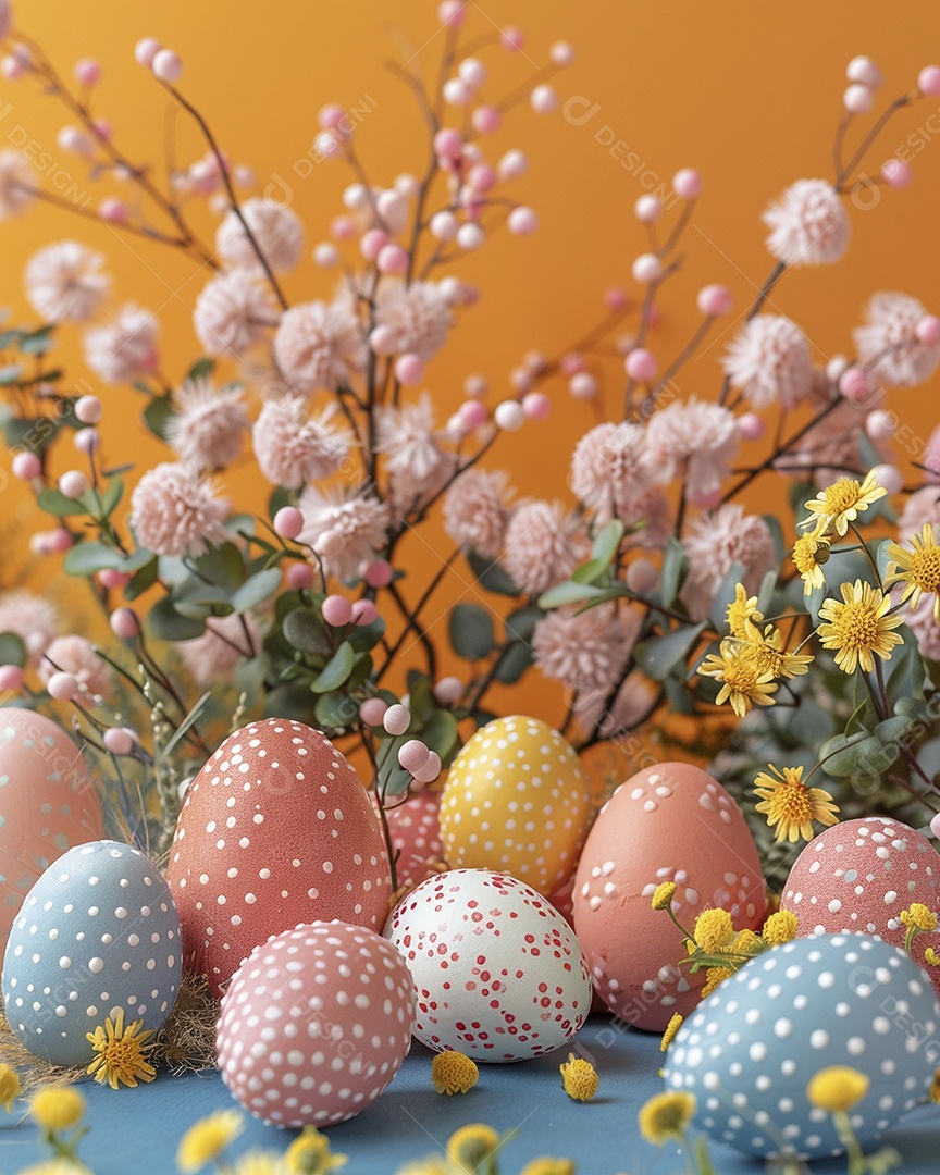 Ovos de Páscoa em fundo colorido e detalhes
