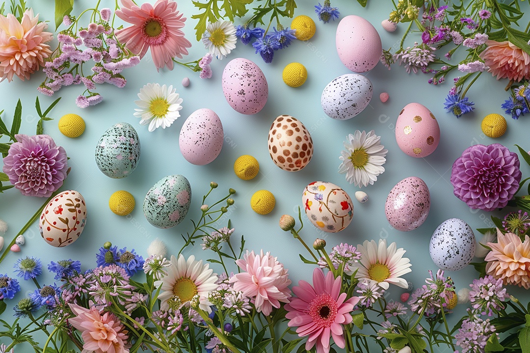 Ovos de Páscoa em fundo colorido com flores frescas