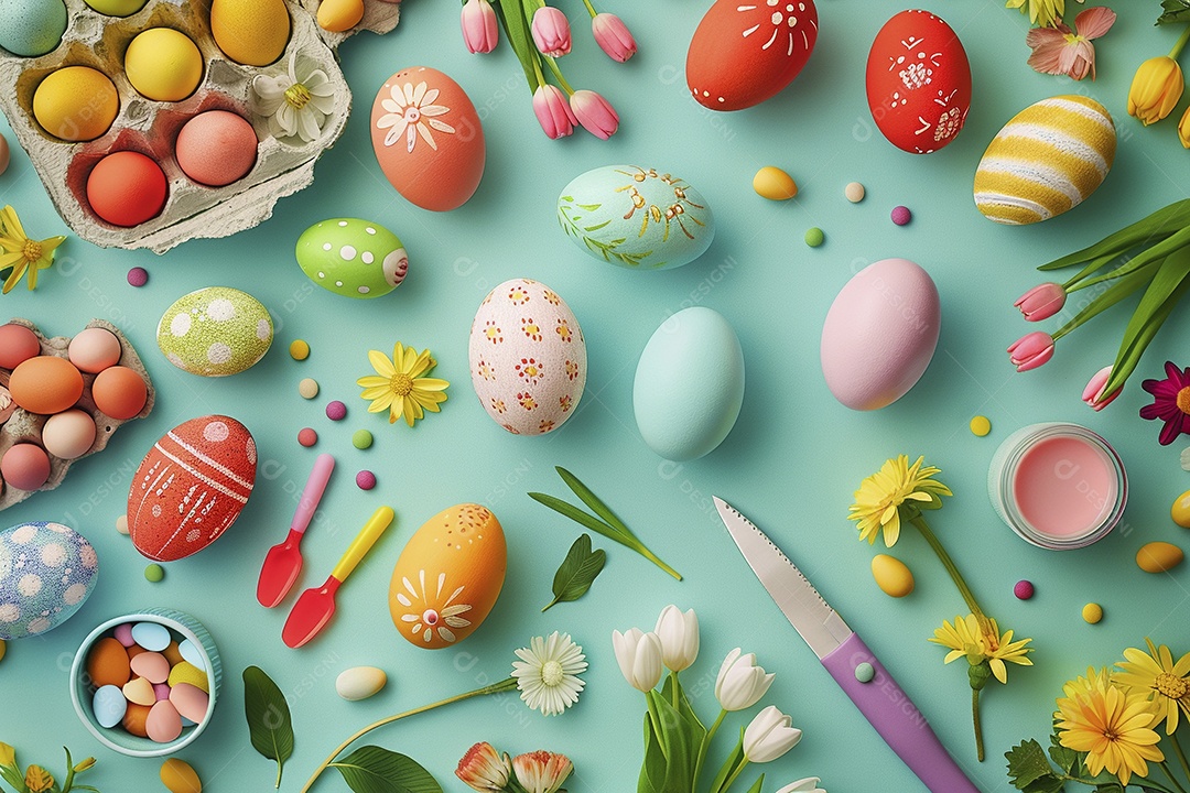 Ovos de Páscoa em fundo colorido e detalhes
