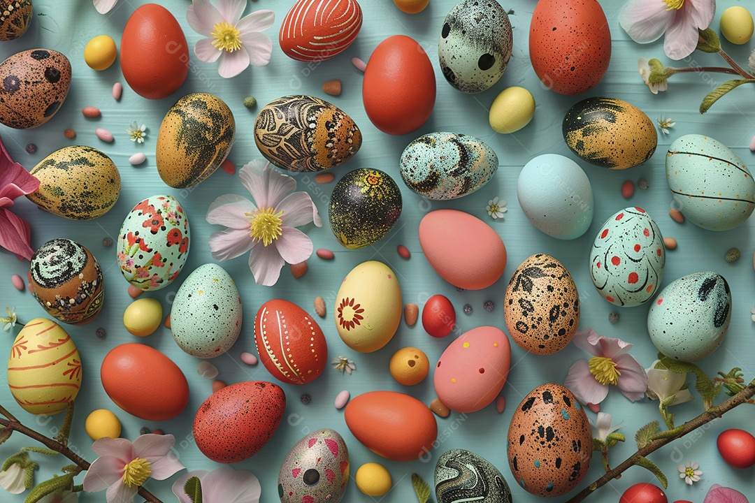 Ovos de Páscoa em fundo colorido com flores frescas