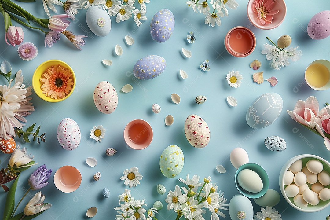 Ovos de Páscoa em fundo colorido com flores frescas